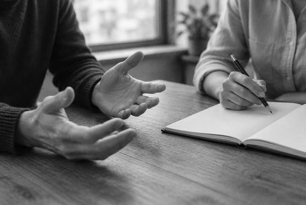 Dos personas conversan en una mesa de madera; una explica con las manos y la otra toma notas en un cuaderno