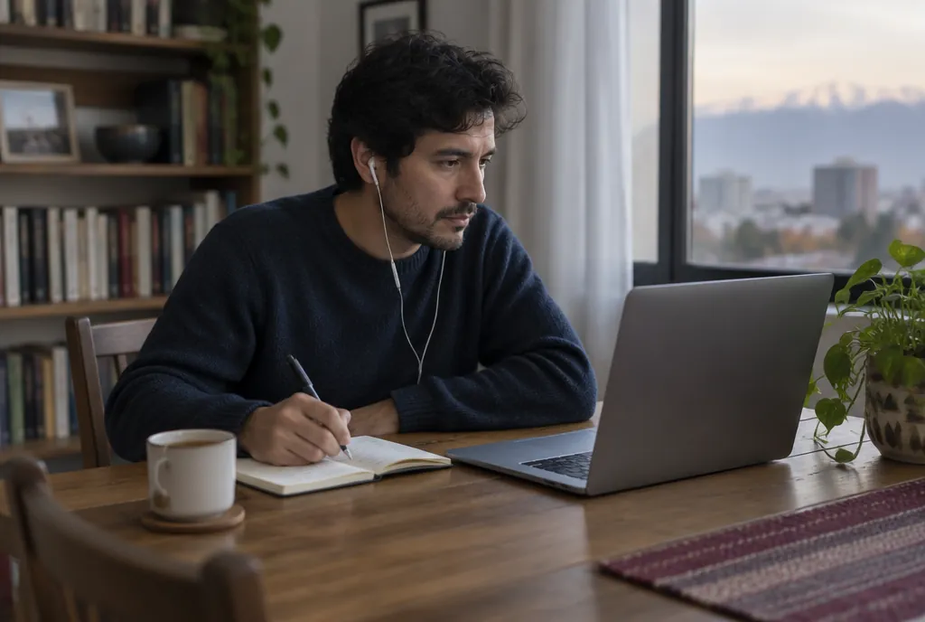 Un hombre toma notas en un cuaderno mientras sigue un curso en su computador, en su casa